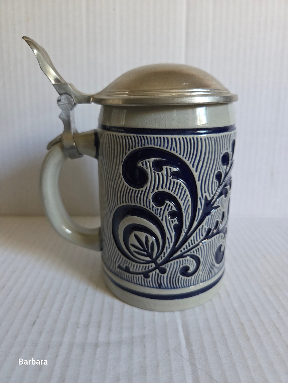 Vintage DBGM German Salt-Glazed Stoneware Stein with Pewter Flip Lid